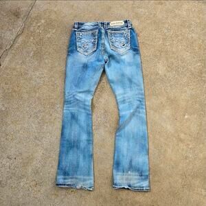 Y2k ROCK REVIVAL Evie Mid Rise Boot Cut Faded Paint Splatter Denim Jeans Sz 32